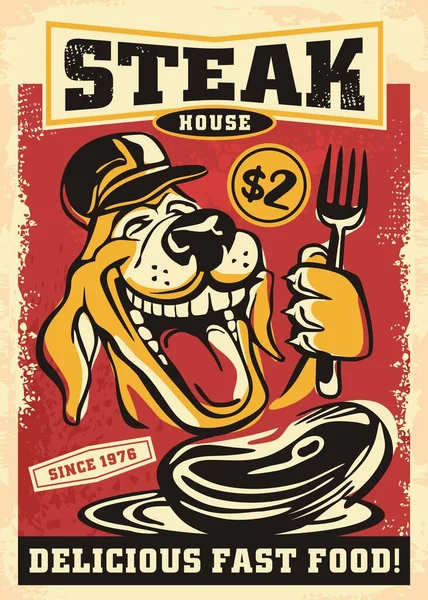 Happy Dog Holding Fork Eating Delicious Beef Steak Cartoon Style lizenzfreie Stockillustrationen