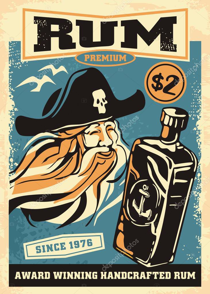 Old pirate and bottle of rum retro poster design template. Vintage rum advertisement with captain buccaneer comic style drawing. Alcoholic drink vector illustration.