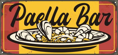 Paella bar retro restaurant sign with paella plate vector drawing with shrimps and mussels . Spanish food menu advertisement.