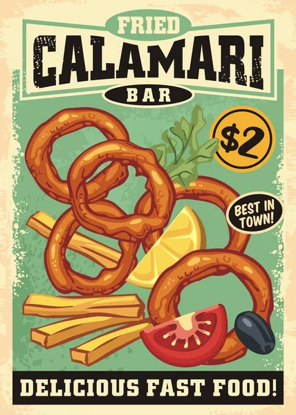 Fried Calamari Retro Sign Design Squid Rings Black Olive Tomato — 스톡 벡터