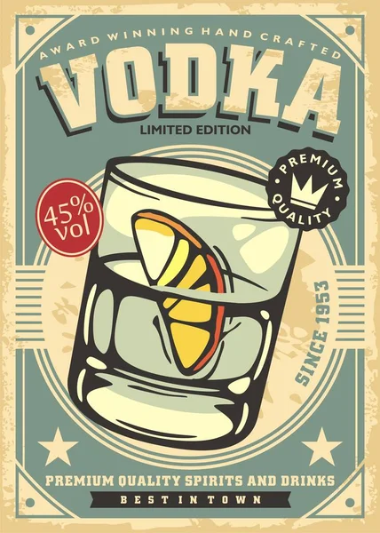 Alcoholic Drink Vintage Poster Pub Advertisement Glass Vodka Lemon Slice — Wektor stockowy
