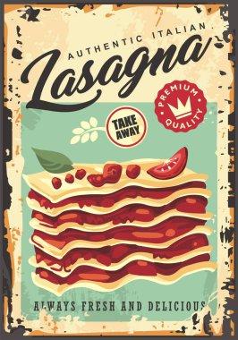 Italian homemade lasagna with bolognese tomato sauce. Food retro sign decor for kitchen or restaurant. Pasta vector illustration.