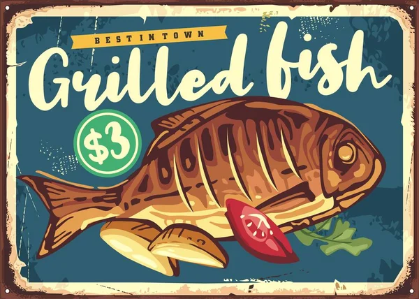 烤和烤鱼老式菜单设计矢量符号 复古海鲜餐厅标志概念与美味的鱼和油炸土豆图形 — 图库矢量图片