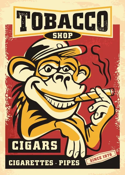 Tobacco Shop Funny Advertisement Monkey Smoking Cigar Cartoon Style Drawing — Stockový vektor