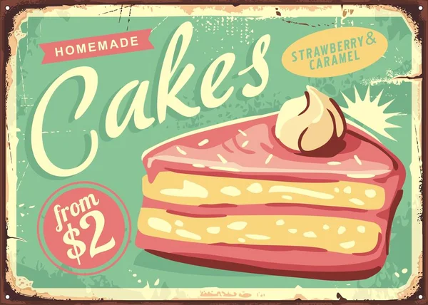 Strawberry Cake Caramel Retro Bakery Sign Design Piece Pink Birthday — Archivo Imágenes Vectoriales