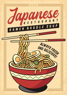 Erişteli ramen çorbalı Japon restoranının promosyon posteri. Asya yemekleri menüsü tasarım şablonu. Vektör gıda çizimi.