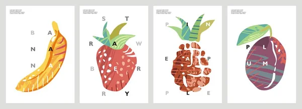 Meyveli Sanatsal Yaz Afişleri Posterleri Vektör Meyve Çileği Ananas Erik — Stok Vektör