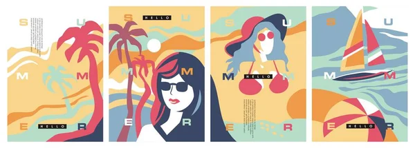 포스터는 아름다운 소녀들 해변에 있습니다 일러스트 풍경의 계절적 포스터나 디자인 — 스톡 벡터