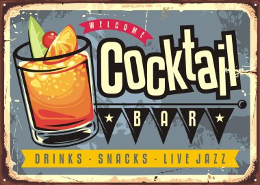 Cocktail bar vintage sign vector design. Glass of cocktail drink on old metal background. Retro poster illustration. clipart