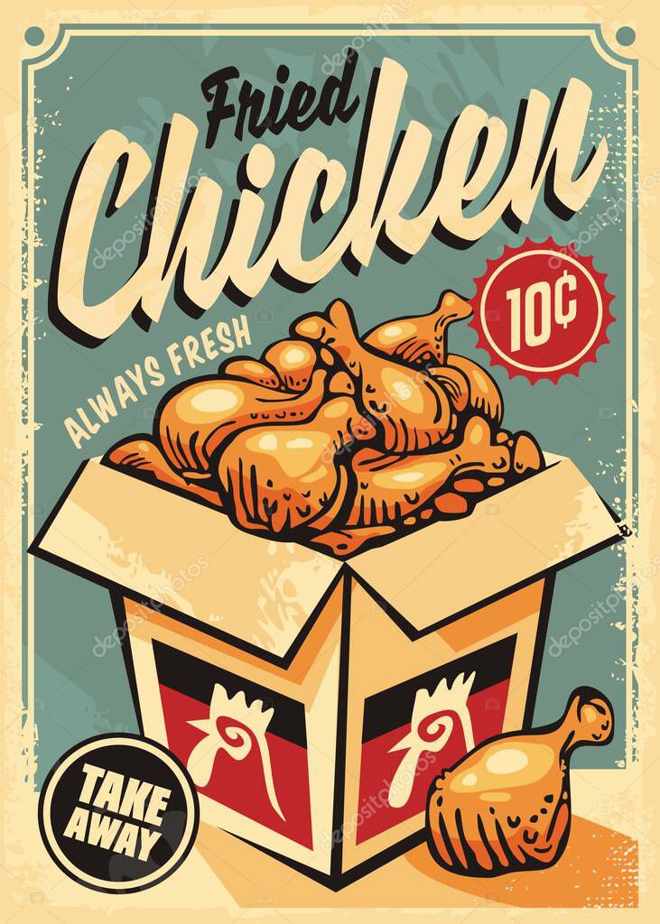 Promotional poster design for fried chicken fast food diner. Restaurant menu for take away food package. Vector drawing illustration.