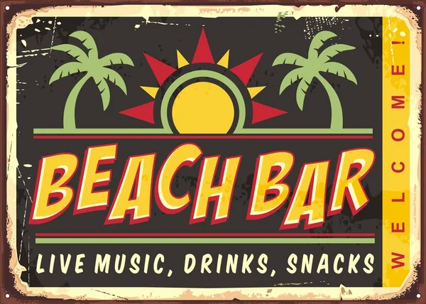 具有明亮阳光和热带棕榈树的海滩酒吧古色古香的标志模板 具有怀旧魅力和怀旧感的咖啡馆招贴画设计 — 图库矢量图片