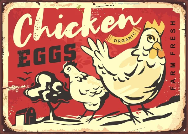 농장의 닭들은 계란에 광고를 있습니다 나무가 제품을 빈티지 — 스톡 벡터