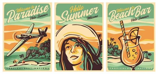 有热带岛屿的夏季假日海报 异国情调的目的地飞行员 飞机飞越岛屿 戴帽子的女孩 海滩和鸡尾酒杯 矢量说明 — 图库矢量图片