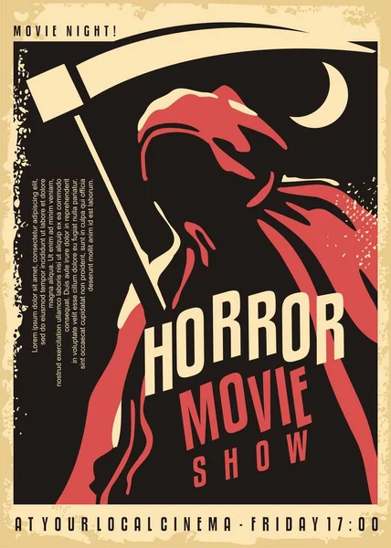 Grim Reaper拿着这把镰刀 是恐怖电影节的老电影海报模板 带着镰刀站在黑暗中的死亡形象 恐怖电影的复古海报设计布局 用骨骼生物的矢量图解 图库插图