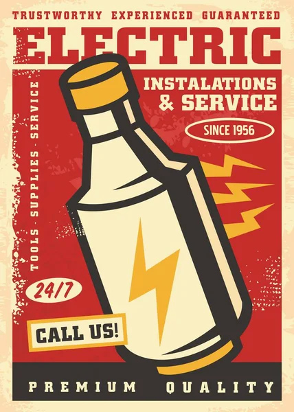 电气服务和维护复古海报或广告设计模板 关于电工服务的矢量传单的想法 红色背景旧陶瓷熔断器的复古图形 — 图库矢量图片