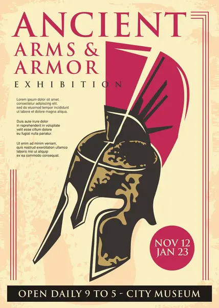 Museo Histórico Exposición Cartel Diseño Con Espartano Griego Antiguo Casco Ilustraciones de stock libres de derechos