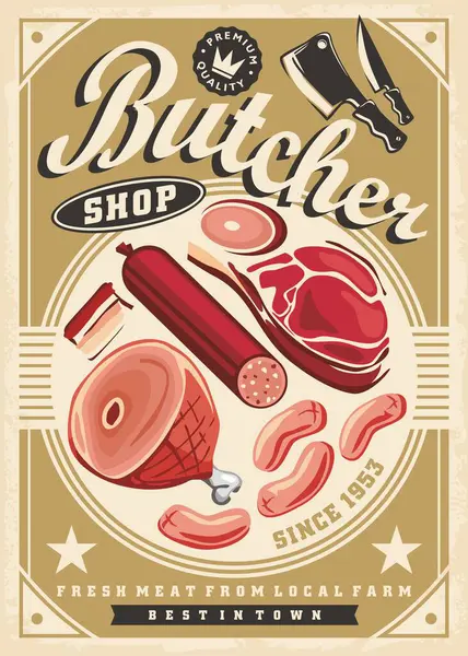 Butcher Shop Retro Affisch Design Med Olika Köttprodukter Salami Korv Stockvektor
