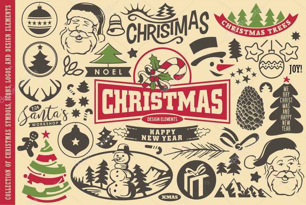 Christmas symbols, icons and design elements collection. Vector set of Christmas trees, Decorations, labels and Santa Claus graphics.