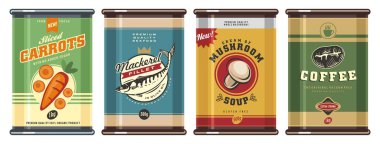 Retro konserve yiyecekler, yaratıcı sanatsal konsept. Tasarım şablonu ya da market reklamı. Çeşitli kutularla. Vektör kahve, mantar çorbası, dilimlenmiş havuç ve uskumru paketleri tasarımı..