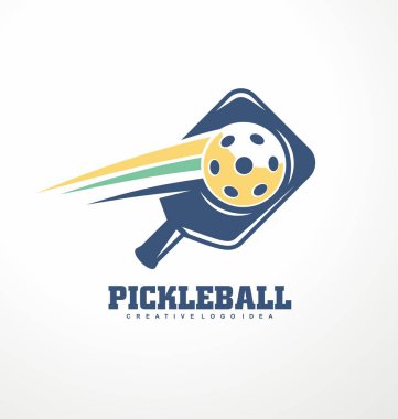 Raket ve topla birlikte Pickleball logo tasarımı fikri. Pickleball kulübünün yaratıcı spor sembolü. Vektör illüstrasyonu.