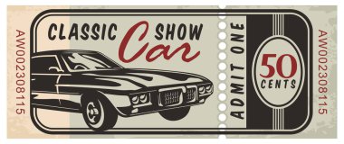 Retro ticket idea for classic car show. Vintage ticket template. Vector illustration with old car graphic. clipart