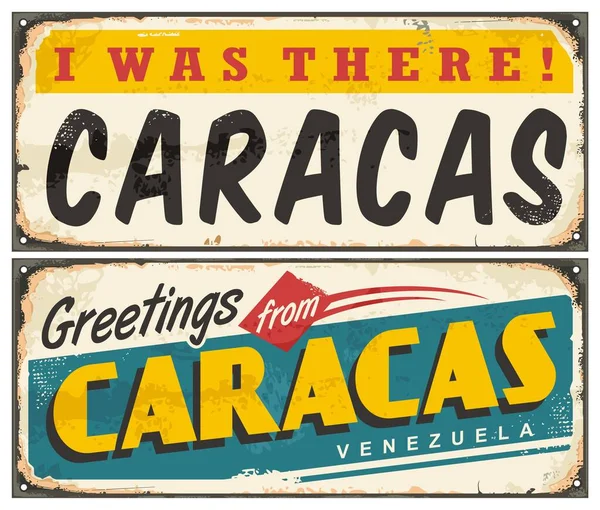Caracas Venezuela Carteles Retro Engarzados Textura Metálica Vieja Viajes Vacaciones — Archivo Imágenes Vectoriales