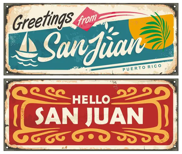 来自圣胡安波多黎各的问候 老式明信片设计 热带目的地的复古纪念品 旅行和休假矢量说明 图库插图