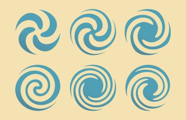 Soyut girdap sembolleri seti. Mavi dalgalı ve yuvarlak girdaplı vektör logosu fikirleri. Geometrik spiral simgeler ve amblemler.
