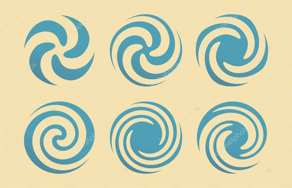Set of abstract swirl symbol shapes. Vector logo ideas with blue waves and round vortex. Geometric spiral icons and emblems.