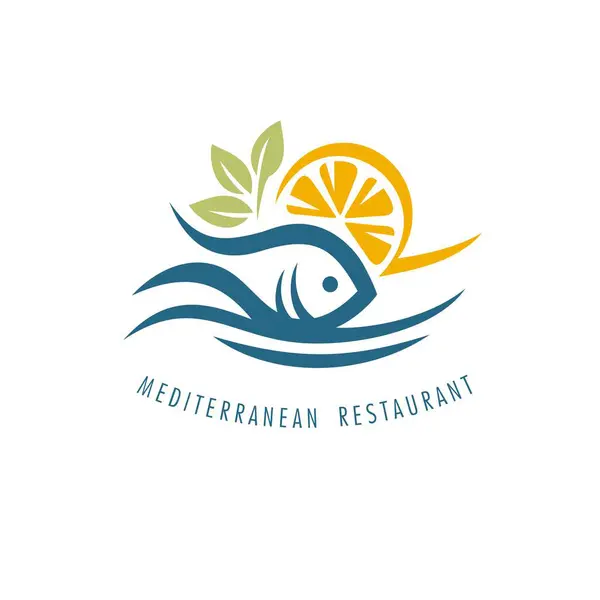地中海料理レストランのロゴデザインコンセプト 海の波 レモンスライス 魚のグラフィック 食品クリエイティブベクターシンボルまたはエンブレムデザイン ロイヤリティフリーストックベクター