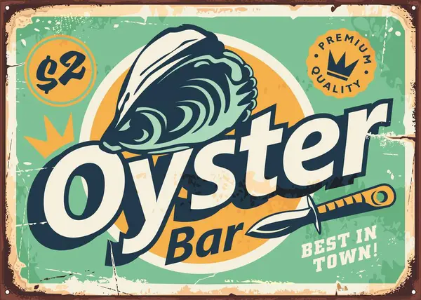 牡蛎酒吧复古锡标志布局旧金属背景 海鲜餐厅的牡蛎图形复古海报 贻贝病媒说明 图库插图