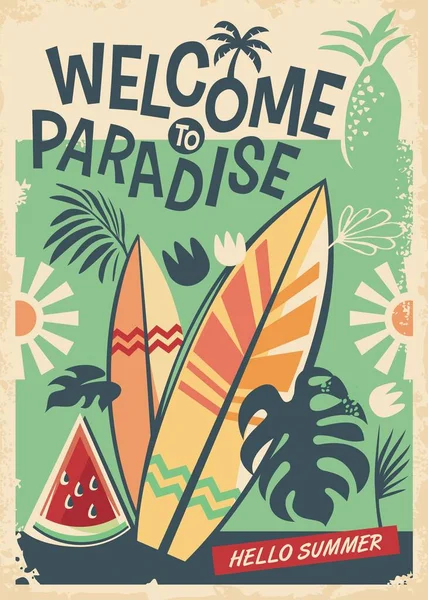 夏季海报模板与热带水果 植物和冲浪板 欢迎来到天堂复古矢量飞行图解 旅行和假期 矢量图形