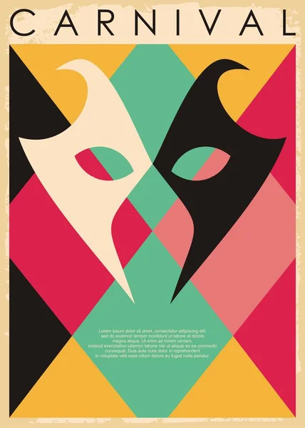 狂欢节或化装舞会的传单设计概念 复古嘉年华海报设计与面具的彩色背景 几何图案矢量图像 图库矢量图片
