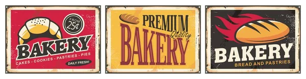 一套旧锡背景的复古烘焙标志 用面包和糕点收集古董标志 食品病媒图像 免版税图库矢量图片
