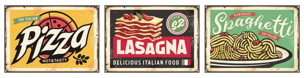 Italské Jídlo Retro Nápisy Kolekce Pizza Lasagne Špagety Vinobraní Plakáty Stock Ilustrace