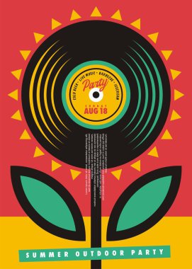 Açık hava festivali poster düzeni. Müzik konseri ya da retro yaz partisi için büyük çiçek ve vinil grafik tasarım fikri. Müzik etkinliği için vektör illüstrasyonu.