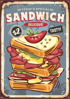 Paslı metal arka planda büyük bir sandviç reklamı. Fast food vintage tabela tasarımı. Atıştırmalık ve sandviç vektör çizimi.