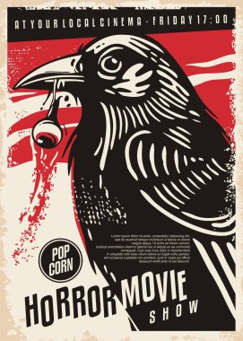 Korku filmi festivali poster tasarımı. Siyah kuzgun insan gözü yiyor. Korku filmi için klasik sinema broşürü. Vektör illüstrasyonu.