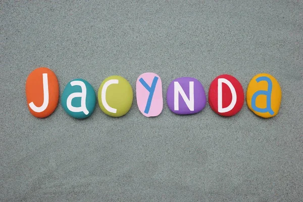 Jacynda Fêmea Nome Próprio Compor Com Letras Pedra Multi Coloridas — Fotografia de Stock