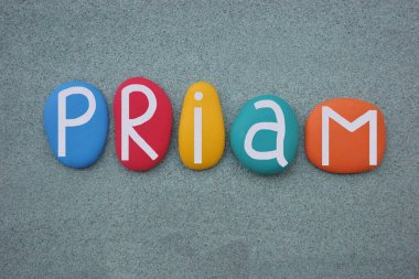 Priam, masculine given name composed with hand painted multi colored stone letters over green sand