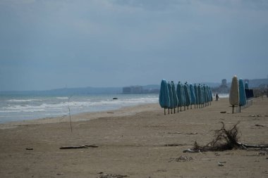 Boş plaj ve kapalı şemsiyeler, Pineto kasabası, Teramo ili, Abruzzo bölgesi, İtalya