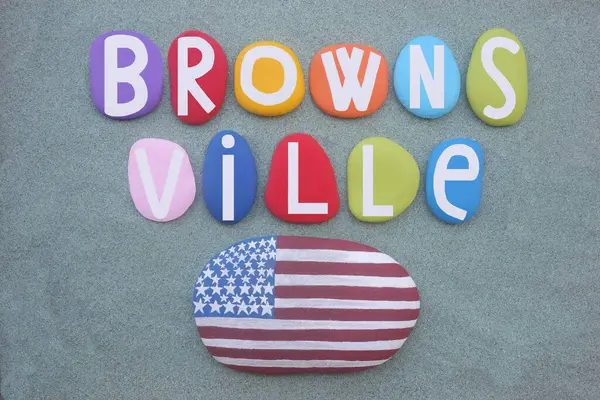 stock image Brownsville, residential neighborhood in eastern Brooklyn in New York City, souvenir composed with hand painted multi colored stone letters and USA stone flag