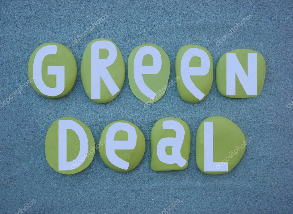 Green New Deal calls for public policy to address climate change, along with achieving other social aims like job creation, economic growth, and reducing economic inequality, creative text composed with hand painted green letters over green sand
