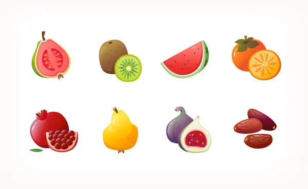 新鮮なアジアのトロピカルフルーツのカラフルなアイコンのコレクション スライス画像で果物全体 食料品市場で一般的な有機製品 おいしい甘いエキゾチックな有機食料品の隔離されたベクトル画像 — ストックベクタ