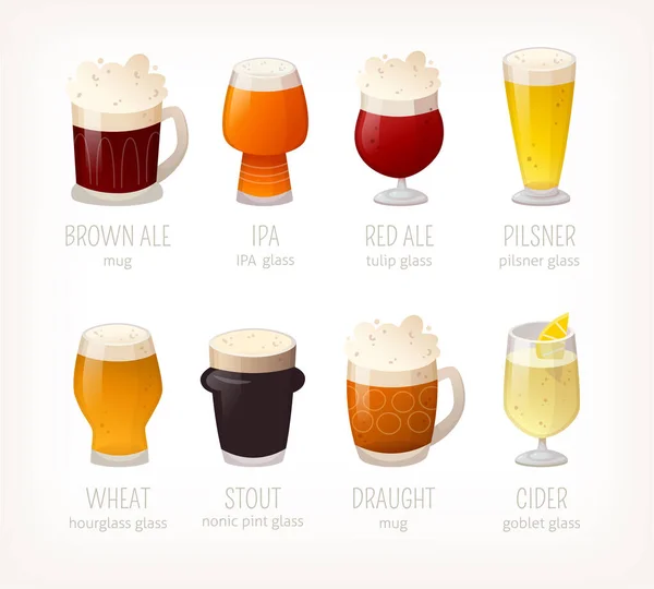 名前の付いたビールグラスのコレクション アルコール飲料のビールスタウトやピルスナーの様々な 古典的なパブ飲料の孤立したベクトル画像 — ストックベクタ