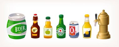 Bira şişeleri ve kaplar koleksiyonu. Barlarda ve kitle pazarında alkolsüz ve alkolsüz içecekler için izole edilmiş ambalaj resimleri. Vektör illüstrasyonları