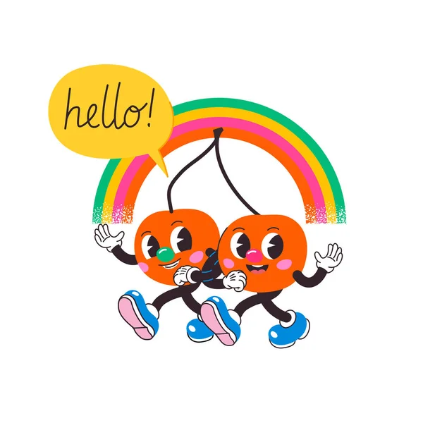 两片樱桃手牵着手在彩虹下散步 樱桃吉祥物在经典复古动画风格 现代插图的流行设计 卡片海报和暑期邀请函 图库矢量图片