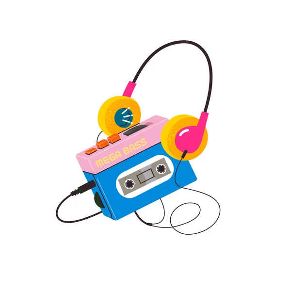 ラジオカセットプレーヤー レトロヴィンテージポータブルオーディオ音楽デバイス1980 イヤホンまたは耳内ヘッドフォンが付属しています 流行の鮮やかな色で隔離されたベクトル画像 ノスタルジック ストックベクター