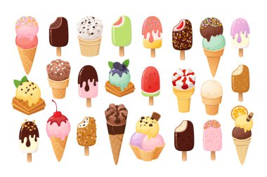 Collection of ice cream and popsicle images. Set of vector icons and stickers. Ice creams with various flavours Strawberry, chocolate and vanilla. Waffle cones, colourful scoops, glazing and nuts   clipart