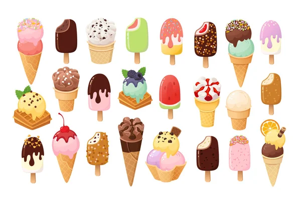 收集冰淇淋和冰棒图像 一组矢量图标和贴纸 各种口味的草莓 巧克力和香草冰淇淋 色彩艳丽的勺子 釉料和坚果 — 图库矢量图片